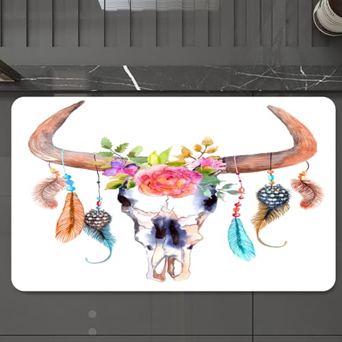 EMCLKS Badteppich rutschfeste,weicher Badezimmerteppich Badematte Badvorleger für Dusche,Badewanne und Toilette,Totenkopfkunst, Aquarellschädel, bemalter Bullhead-Schädel mit exquisiten Blu,60x90 cm von EMCLKS
