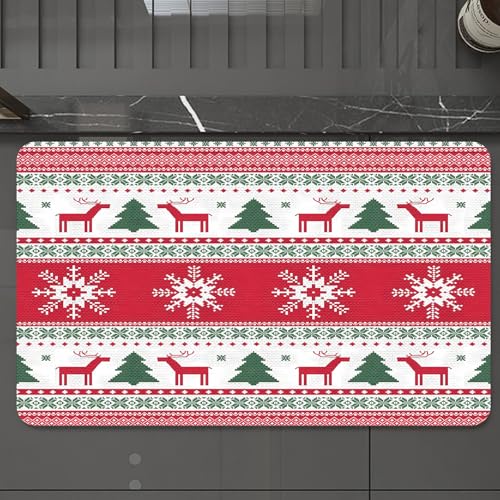 EMCLKS Badteppich rutschfeste,weicher Badezimmerteppich Badematte Badvorleger für Dusche,Badewanne und Toilette,Traditionelles Weihnachtsstoffmuster, ikonisches rotes Rentier, grüne Tannenb,60x90 cm von EMCLKS