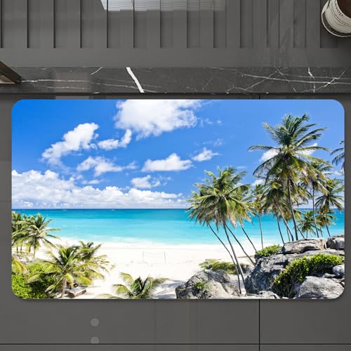 EMCLKS Badteppich rutschfeste,weicher Badezimmerteppich Badematte Badvorleger für Dusche,Badewanne und Toilette,Tropische Strandlandschaft, schwingende Palmen, klares blaues Meer und strahl,60x90 cm von EMCLKS