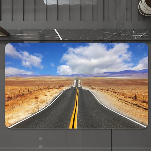 EMCLKS Badteppich rutschfeste,weicher Badezimmerteppich Badematte Badvorleger für Dusche,Badewanne und Toilette,USA, Highway in Kalifornien Steppe und Wolken Asphaltstraße Horizon Hills Jou,60x90 cm von EMCLKS