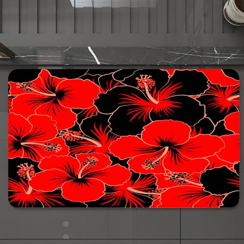 EMCLKS Badteppich rutschfeste,weicher Badezimmerteppich Badematte Badvorleger für Dusche,Badewanne und Toilette,Vektor niedliches Muster in schwarzen und roten Hibiskusblüten. Kleine Bunte,60x90 cm EMCLKS Badteppich rutschfeste,weicher Badezimmerteppich Badematte Badvorleger für Dusche,Badewanne und Toilette,Vektor niedliches Muster in schwarzen und roten Hibiskusblüten. Kleine Bunte,60x90 cm von EMCLKS