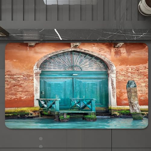 EMCLKS Badteppich rutschfeste,weicher Badezimmerteppich Badematte Badvorleger für Dusche,Badewanne und Toilette,Venedig, altes Gebäude mit antiker Tür Eingang Stadt auf dem Wasser historisc,60x90 cm von EMCLKS