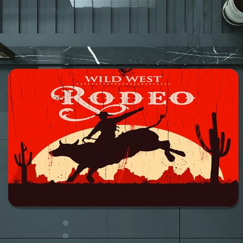 EMCLKS Badteppich rutschfeste,weicher Badezimmerteppich Badematte Badvorleger für Dusche,Badewanne und Toilette,Vintage, Rodeo Cowboy Reiten Holz Bulle alte Zeichen Western-Stil Wildnis b,60x90 cm von EMCLKS