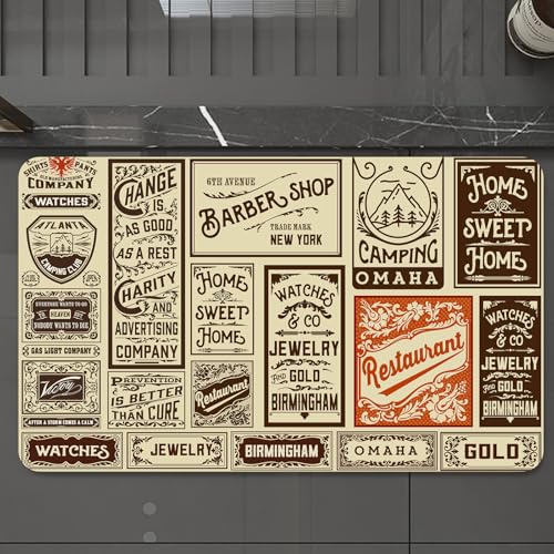 EMCLKS Badteppich rutschfeste,weicher Badezimmerteppich Badematte Badvorleger für Dusche,Badewanne und Toilette,Vintage-Schildersammlung, Zusammenstellung stilisierter Logos und Schilder au,60x90 cm von EMCLKS