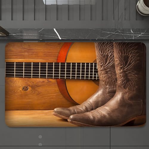 EMCLKS Badteppich rutschfeste,weicher Badezimmerteppich Badematte Badvorleger für Dusche,Badewanne und Toilette,Western, amerikanisches Country-Musik-Thema, Gitarreninstrument und Cowboy-Sc,60x90 cm von EMCLKS