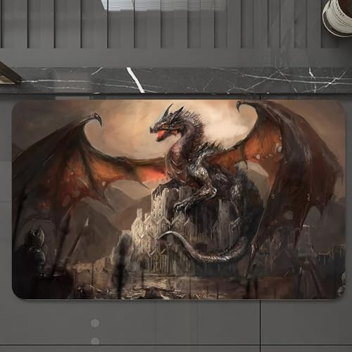EMCLKS Badteppich rutschfeste,weicher Badezimmerteppich Badematte Badvorleger für Dusche,Badewanne und Toilette,Wunderschöne Fantasy-Kunst mit rotem Drachen - Digitale Illustration,60x90 cm von EMCLKS
