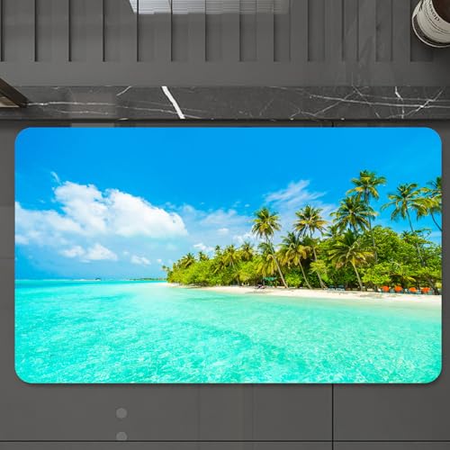 EMCLKS Badteppich rutschfeste,weicher Badezimmerteppich Badematte Badvorleger für Dusche,Badewanne und Toilette,Wunderschöne Tropische Maledivenl mit Strand, Meer und Kokospalmen,60x90 cm von EMCLKS
