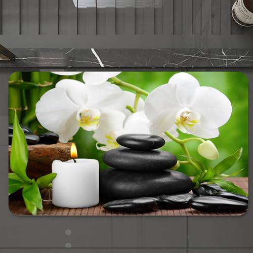 EMCLKS Badteppich rutschfeste,weicher Badezimmerteppich Badematte Badvorleger für Dusche,Badewanne und Toilette,Zen-Basaltsteine und Orchidee auf dem Holz,60x90 cm von EMCLKS