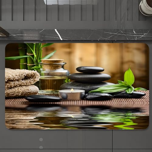 EMCLKS Badteppich rutschfeste,weicher Badezimmerteppich Badematte Badvorleger für Dusche,Badewanne und Toilette,Zen-Basaltsteine und Spa-Öl auf dem Holz,60x90 cm von EMCLKS