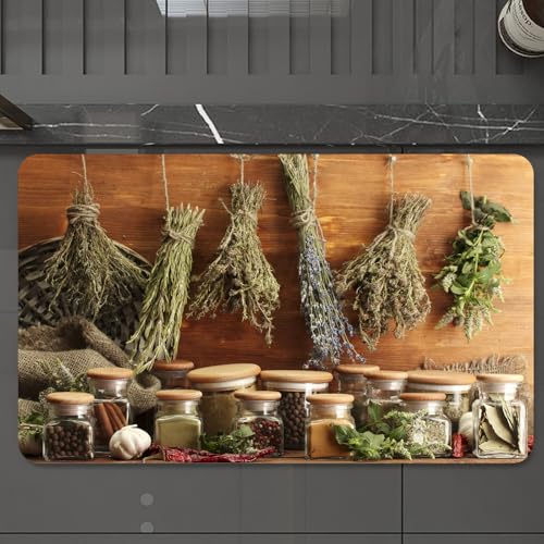 EMCLKS Badteppich rutschfeste,weicher Badezimmerteppich Badematte Badvorleger für Dusche,Badewanne und Toilette,getrocknete Kräuter, Gewürze und Pfeffer auf Holzhintergrund,60x90 cm von EMCLKS