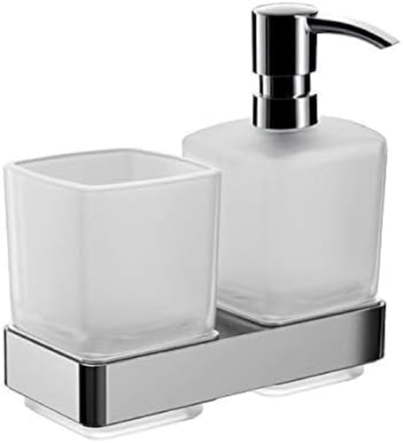 EMCO loft Seifenspender mit Zahnputzbecher (Pumpkopf Chrom, Behälter Kristallglas satiniert, Höhe 159 mm, Breite 155 mm) 53100100, Glas, Normal von Emco