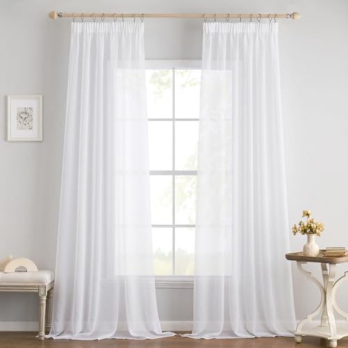 EMEMA 2er Set Sheer Voile Vorhang mit Kräuselband Transparente Gardine aus Voile Polyester Transparent Wohnzimmer Luftig Dekoschal für Schlafzimmer 140 X 137 cm (B x H) Weiß von EMEMA