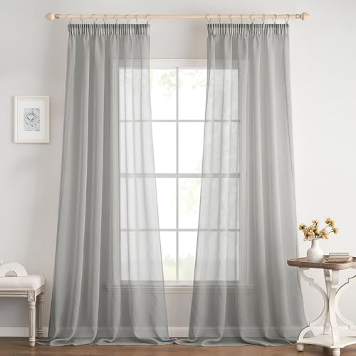 EMEMA 2er Set Sheer Voile Vorhang mit Kräuselband Transparente Gardine aus Voile Polyester Transparent Wohnzimmer Luftig Dekoschal für Schlafzimmer 140 X 215 cm (B x H) Grau von EMEMA