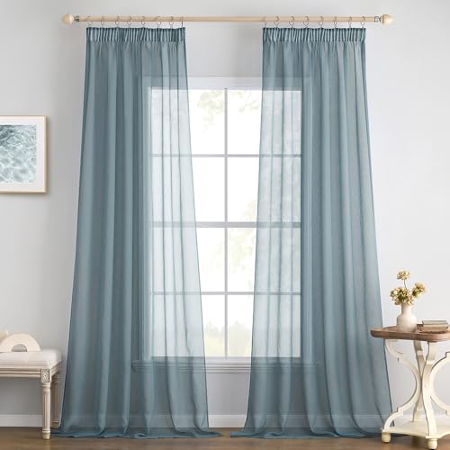 EMEMA 2er Set Sheer Voile Vorhang mit Kräuselband Transparente Gardine aus Voile Polyester Transparent Wohnzimmer Luftig Dekoschal für Schlafzimmer 140 X 215 cm (B x H) Staubiges Blau von EMEMA