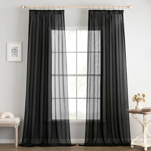 EMEMA 2er Set Sheer Voile Vorhang mit Kräuselband Transparente Gardine aus Voile Polyester Transparent Wohnzimmer Luftig Dekoschal für Schlafzimmer 140 X 225 cm (B x H) Schwarz von EMEMA