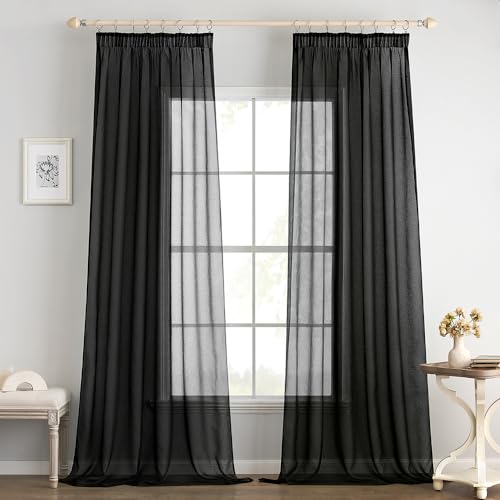 EMEMA 2er Set Sheer Voile Vorhang mit Kräuselband Transparente Gardine aus Voile Polyester Transparent Wohnzimmer Luftig Dekoschal für Schlafzimmer 140 X 225 cm (B x H) Schwarz von EMEMA