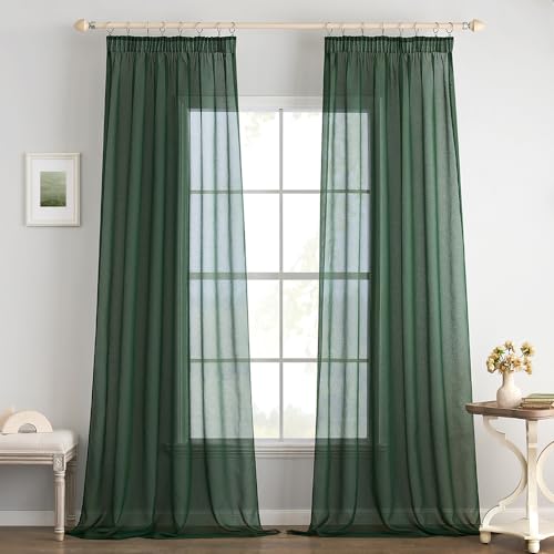 EMEMA 2er Set Sheer Voile Vorhang mit Kräuselband Transparente Gardine aus Voile Polyester Transparent Wohnzimmer Luftig Dekoschal für Schlafzimmer 140 X 260 cm (B x H) Dunkelgrün von EMEMA