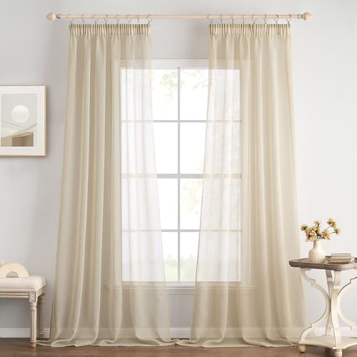 EMEMA 2er Set Sheer Voile Vorhang mit Kräuselband Transparente Gardine aus Voile Polyester Transparent Wohnzimmer Luftig Dekoschal für Schlafzimmer 140 X 175 cm (B x H) Beige von EMEMA