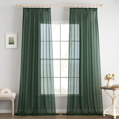 EMEMA 2er Set Sheer Voile Vorhang mit Kräuselband Transparente Gardine aus Voile Polyester Transparent Wohnzimmer Luftig Dekoschal für Schlafzimmer 140 X 245 cm (B x H) Dunkelgrün von EMEMA