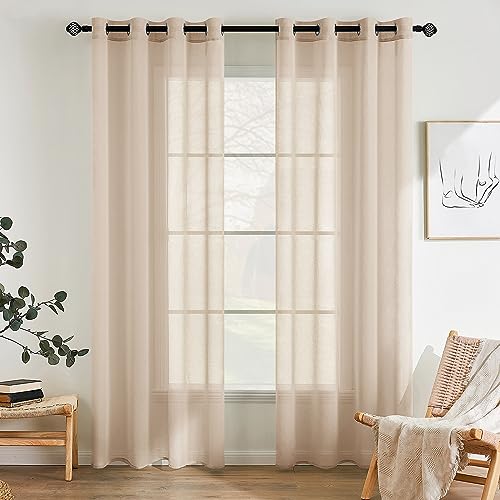 EMEMA 2er Set Sheer Voile Vorhang mit Ösen Transparente Gardine aus Voile Polyester Ösenschal Transparent Wohnzimmer Luftig Dekoschal für Schlafzimmer 140 X 122 cm (B x H) Beige Gestreift von EMEMA