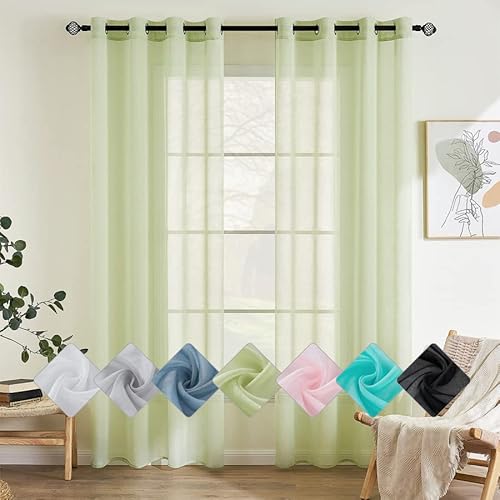 EMEMA 2er Set Sheer Voile Vorhang mit Ösen Transparente Gardine aus Voile Polyester Ösenschal Transparent Wohnzimmer Luftig Dekoschal für Schlafzimmer 140 X 145 cm (B x H) Grün von EMEMA