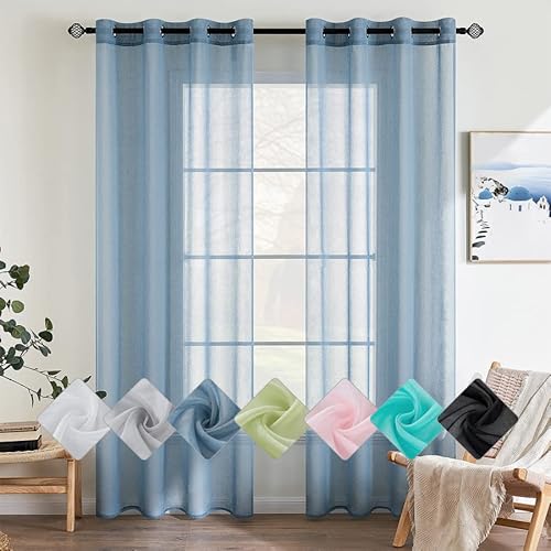 EMEMA 2er Set Sheer Voile Vorhang mit Ösen Transparente Gardine aus Voile Polyester Ösenschal Transparent Wohnzimmer Luftig Dekoschal für Schlafzimmer 140 X 145 cm (B x H) Staubiges Blau von EMEMA