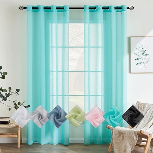 EMEMA 2er Set Sheer Voile Vorhang mit Ösen Transparente Gardine aus Voile Polyester Ösenschal Transparent Wohnzimmer Luftig Dekoschal für Schlafzimmer 140 X 145 cm (B x H) Türkis von EMEMA