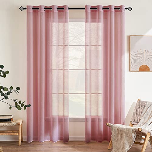 EMEMA 2er Set Sheer Voile Vorhang mit Ösen Transparente Gardine aus Voile Polyester Ösenschal Transparent Wohnzimmer Luftig Dekoschal für Schlafzimmer 140 X 145 cm Dark pink von EMEMA