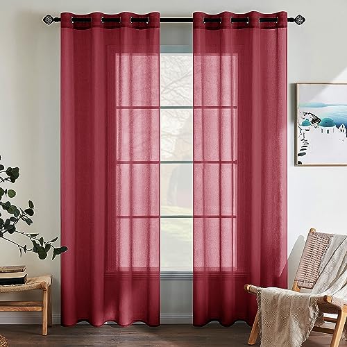 EMEMA 2er Set Sheer Voile Vorhang mit Ösen Transparente Gardine aus Voile Polyester Ösenschal Transparent Wohnzimmer Luftig Dekoschal für Schlafzimmer 140 X 160 cm (B x H) Rot von EMEMA