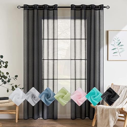 EMEMA 2er Set Sheer Voile Vorhang mit Ösen Transparente Gardine aus Voile Polyester Ösenschal Transparent Wohnzimmer Luftig Dekoschal für Schlafzimmer 140 X 160 cm (B x H) Schwarz von EMEMA