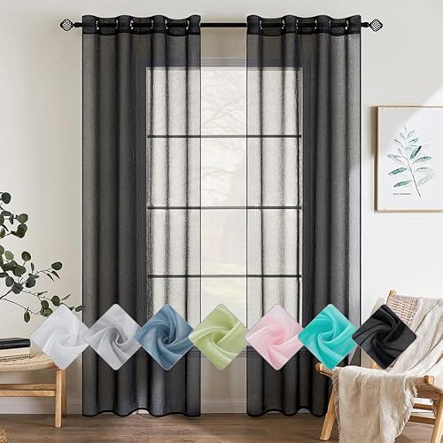 EMEMA 2er Set Sheer Voile Vorhang mit Ösen Transparente Gardine aus Voile Polyester Ösenschal Transparent Wohnzimmer Luftig Dekoschal für Schlafzimmer 140 X 175 cm (B x H) Schwarz von EMEMA