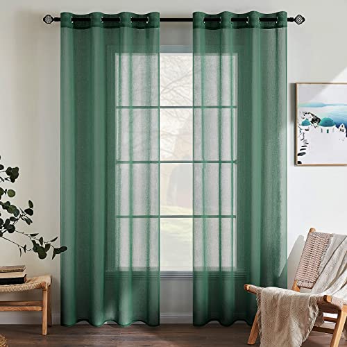 EMEMA 2er Set Sheer Voile Vorhang mit Ösen Transparente Gardine aus Voile Polyester Ösenschal Transparent Wohnzimmer Luftig Dekoschal für Schlafzimmer 140 X 260 cm (B x H) Dunkelgrün von EMEMA
