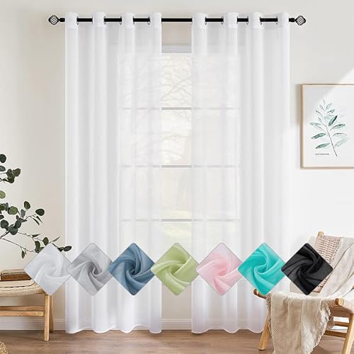 EMEMA 2er Set Sheer Voile Vorhang mit Ösen Transparente Gardine aus Voile Polyester Ösenschal Transparent Wohnzimmer Luftig Dekoschal für Schlafzimmer 140 X 270 cm (B x H) Weiß von EMEMA