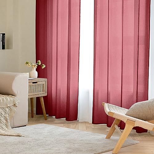 EMEMA 2er Set Sheer Voile Vorhang mit Ösen Transparente Gardine aus Voile Polyester Ösenschal Transparent Wohnzimmer Luftig Dekoschal für Schlafzimmer 228 X 228 cm Rot von EMEMA