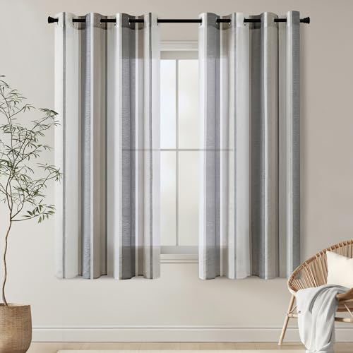 EMEMA Gardinen Gestreift Transparent mit Ösen Voile Vorhänge Wohnzimmer Modern 2er Set Vorhang Schlafzimmer Transparent mit Muster Halbtransparent Streifen 140 x 175cm Dunkelgrau Weiss Gestreift von EMEMA