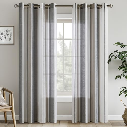 EMEMA Gardinen Gestreift Transparent mit Ösen Voile Vorhänge Wohnzimmer Modern 2er Set Vorhang Schlafzimmer Transparent mit Muster Halbtransparent Streifen 140 x 215cm Dunkelgrau Weiss Gestreift von EMEMA