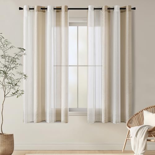 EMEMA Gardinen Gestreift Transparent mit Ösen Voile Vorhänge Wohnzimmer Modern 2er Set Vorhang Schlafzimmer Transparent mit Muster Vorhang Halbtransparent Streifen 140 x 145cm Beige Weiss Gestreift von EMEMA