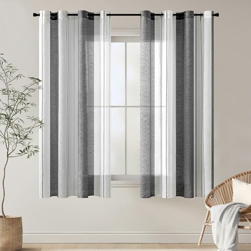 EMEMA Gardinen Gestreift Transparent mit Ösen Voile Vorhänge Wohnzimmer Modern 2er Set Vorhang Schlafzimmer Transparent mit Muster Vorhang Halbtransparent Streifen 140 x 175cm Grau Weiss Gestreift von EMEMA