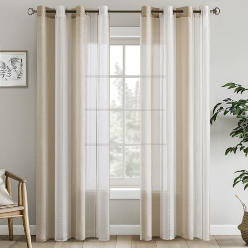 EMEMA Gardinen Gestreift Transparent mit Ösen Voile Vorhänge Wohnzimmer Modern 2er Set Vorhang Schlafzimmer Transparent mit Muster Vorhang Halbtransparent Streifen 140 x 215cm Beige Weiss Gestreift von EMEMA