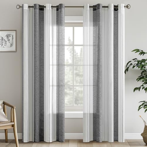 EMEMA Gardinen Gestreift Transparent mit Ösen Voile Vorhänge Wohnzimmer Modern 2er Set Vorhang Schlafzimmer Transparent mit Muster Vorhang Halbtransparent Streifen 140 x 215cm Grau Weiss Gestreift von EMEMA