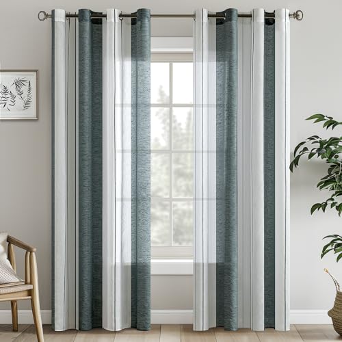 EMEMA Gardinen Gestreift Transparent mit Ösen Voile Vorhänge Wohnzimmer Modern 2er Set Vorhang Schlafzimmer Transparent mit Muster Vorhang Halbtransparent Streifen 140 x 225cm Grün Weiss Gestreift von EMEMA