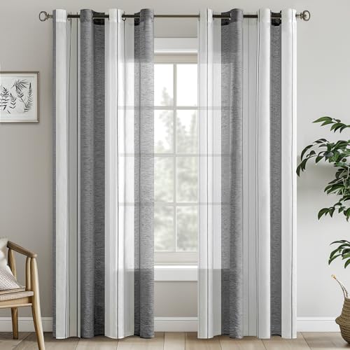 EMEMA Gardinen Gestreift Transparent mit Ösen Voile Vorhänge Wohnzimmer Modern 2er Set Vorhang Schlafzimmer Transparent mit Muster Vorhang Halbtransparent Streifen 140 x 260cm Grau Weiss Gestreift von EMEMA
