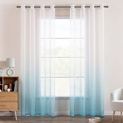EMEMA Gardinen Transparent Vorhänge Voile Sheer Vorhang mit Ösen Farbverlauf Dekoschal Fensterschal für Schlafzimmer und Wohnzimmer 145 cm x 140 cm(H x B) 2er Set Weiß Blau von EMEMA