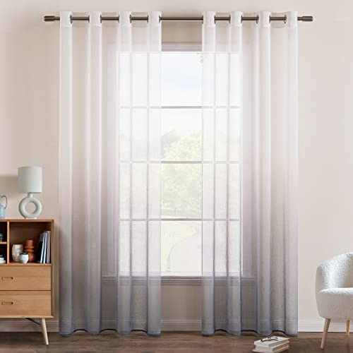 EMEMA Gardinen Transparent Vorhänge Voile Sheer Vorhang mit Ösen Farbverlauf Dekoschal Fensterschal für Schlafzimmer und Wohnzimmer 145 cm x 140 cm(H x B) 2er Set Weiß Grau von EMEMA