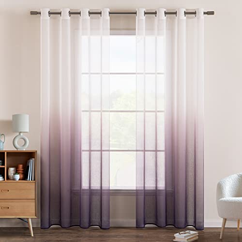 EMEMA Gardinen Transparent Vorhänge Voile Sheer Vorhang mit Ösen Farbverlauf Dekoschal Fensterschal für Schlafzimmer und Wohnzimmer 145 cm x 140 cm(H x B) 2er Set Weiß Lila von EMEMA