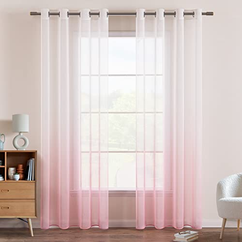 EMEMA Gardinen Transparent Vorhänge Voile Sheer Vorhang mit Ösen Farbverlauf Dekoschal Fensterschal für Schlafzimmer und Wohnzimmer 145 cm x 140 cm(H x B) 2er Set Weiß Rosa von EMEMA