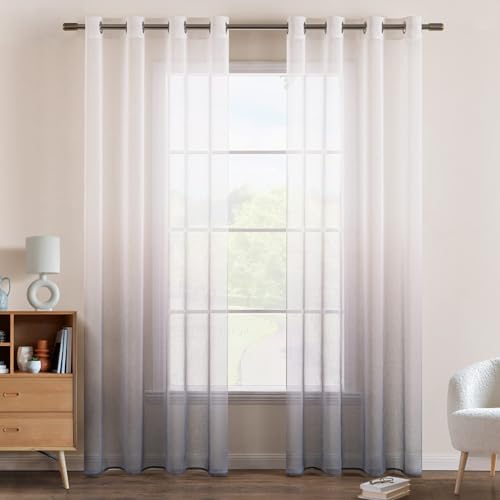 EMEMA Gardinen Transparent Vorhänge Voile Sheer Vorhang mit Ösen Farbverlauf Dekoschal Fensterschal für Schlafzimmer und Wohnzimmer 160 cm x 140 cm(H x B) 2er Set Weiß Grau von EMEMA