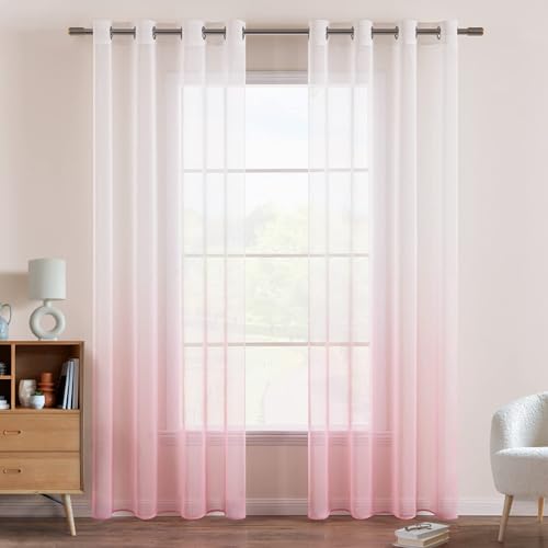 EMEMA Gardinen Transparent Vorhänge Voile Sheer Vorhang mit Ösen Farbverlauf Dekoschal Fensterschal für Schlafzimmer und Wohnzimmer 160 cm x 140 cm(H x B) 2er Set Weiß Rosa von EMEMA