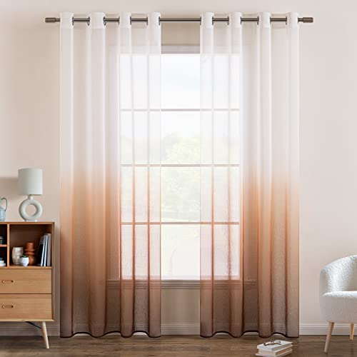 EMEMA Gardinen Transparent Vorhänge Voile Sheer Vorhang mit Ösen Farbverlauf Dekoschal Fensterschal für Schlafzimmer und Wohnzimmer 175 cm x 140 cm(H x B) 2er Set Weiß Kaffeefarbe von EMEMA