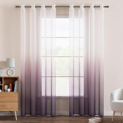 EMEMA Gardinen Transparent Vorhänge Voile Sheer Vorhang mit Ösen Farbverlauf Dekoschal Fensterschal für Schlafzimmer und Wohnzimmer 175 cm x 140 cm(H x B) 2er Set Weiß Lila von EMEMA